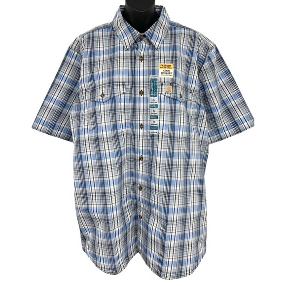 Carhartt Force Mens Short Sleeve Plaid Shirt Size XL Extra Large Blue White New - Picture 1 of 8